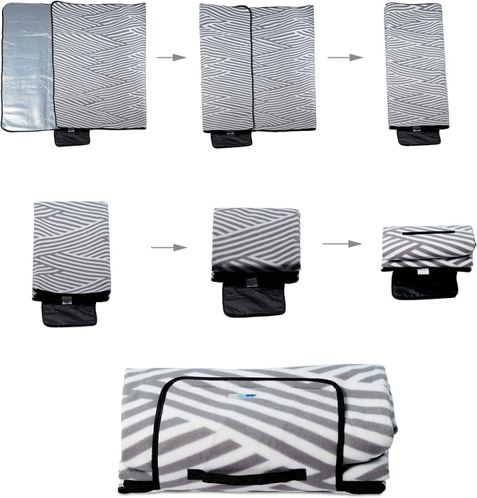 Picknickdecke XXL, 200 x 200 cm, wärmeisoliert, Faltbare Stranddecke, wasserdicht, mit Tragegriff, grau-weiß