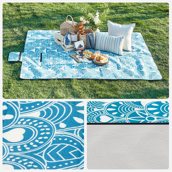Picknickdecke, 200 x 200 cm große Stranddecke, Campingdecke, wasserdichte Unterseite, faltbar, Garten, Park, Strand, Camping, blau mit Boho-Mustern 