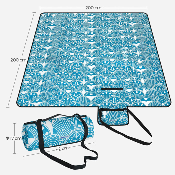 Picknickdecke, 200 x 200 cm große Stranddecke, Campingdecke, wasserdichte Unterseite, faltbar, Garten, Park, Strand, Camping, blau mit Boho-Mustern 