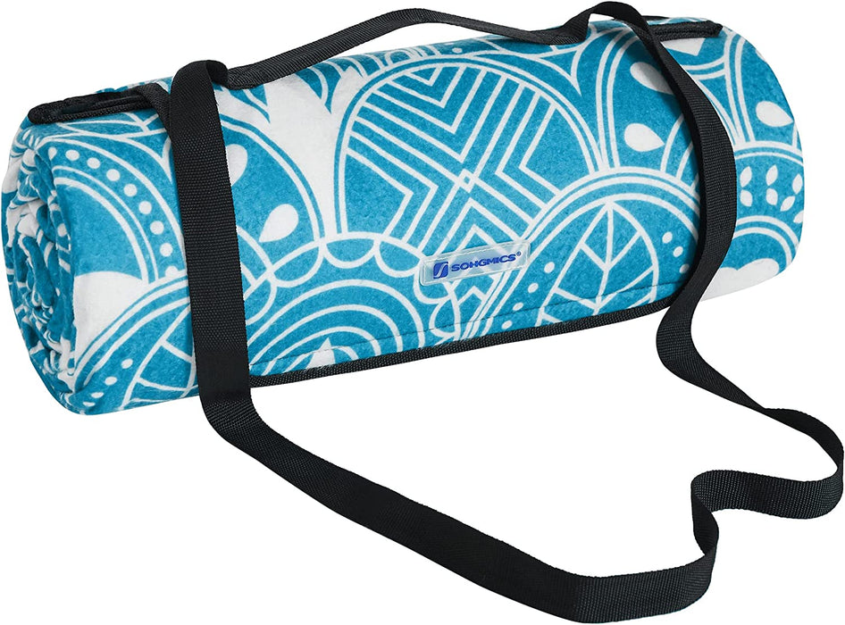 Picknickdecke, 200 x 200 cm große Stranddecke, Campingdecke, wasserdichte Unterseite, faltbar, Garten, Park, Strand, Camping, blau mit Boho-Mustern 