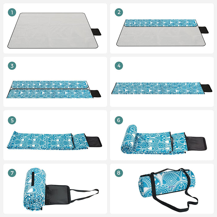 Picknickdecke, 200 x 200 cm große Stranddecke, Campingdecke, wasserdichte Unterseite, faltbar, Garten, Park, Strand, Camping, blau mit Boho-Mustern 