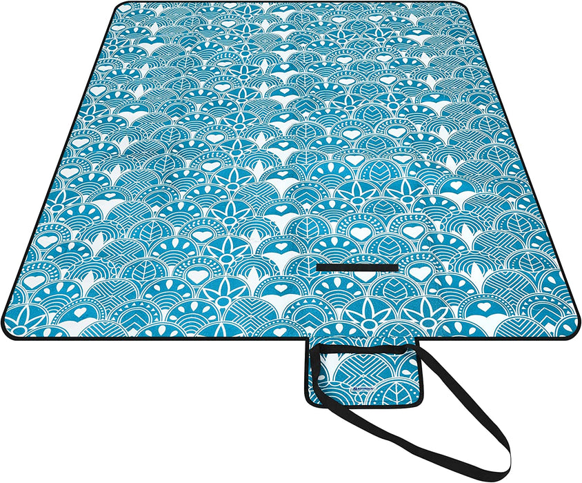 Picknickdecke, 200 x 200 cm große Stranddecke, Campingdecke, wasserdichte Unterseite, faltbar, Garten, Park, Strand, Camping, blau mit Boho-Mustern 
