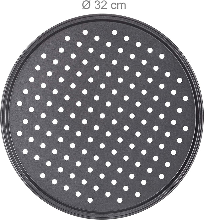 Pizzablech, 2er Set, rund, gelocht, antihaft, Pizza & Flammkuchen, Carbonstahl, Knusperblech, ∅ 32 cm, grau