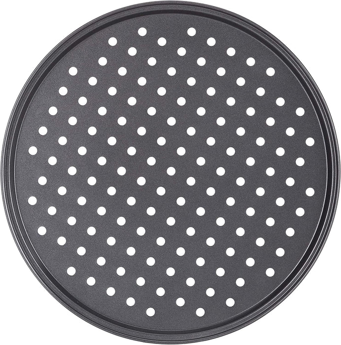 Pizzablech, 2er Set, rund, gelocht, antihaft, Pizza & Flammkuchen, Carbonstahl, Knusperblech, ∅ 32 cm, grau