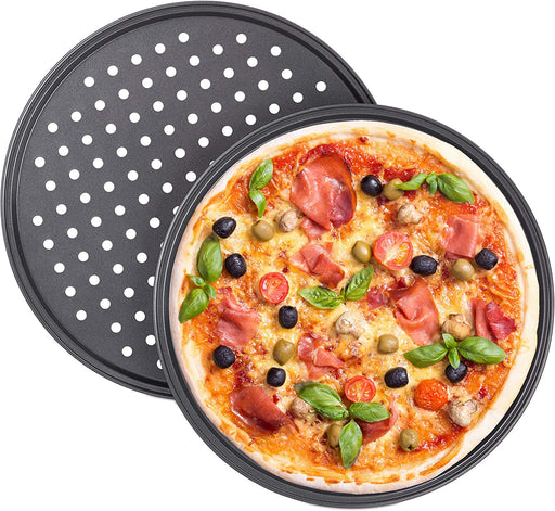 Pizzablech, 2er Set, rund, gelocht, antihaft, Pizza & Flammkuchen, Carbonstahl, Knusperblech, ∅ 32 cm, grau