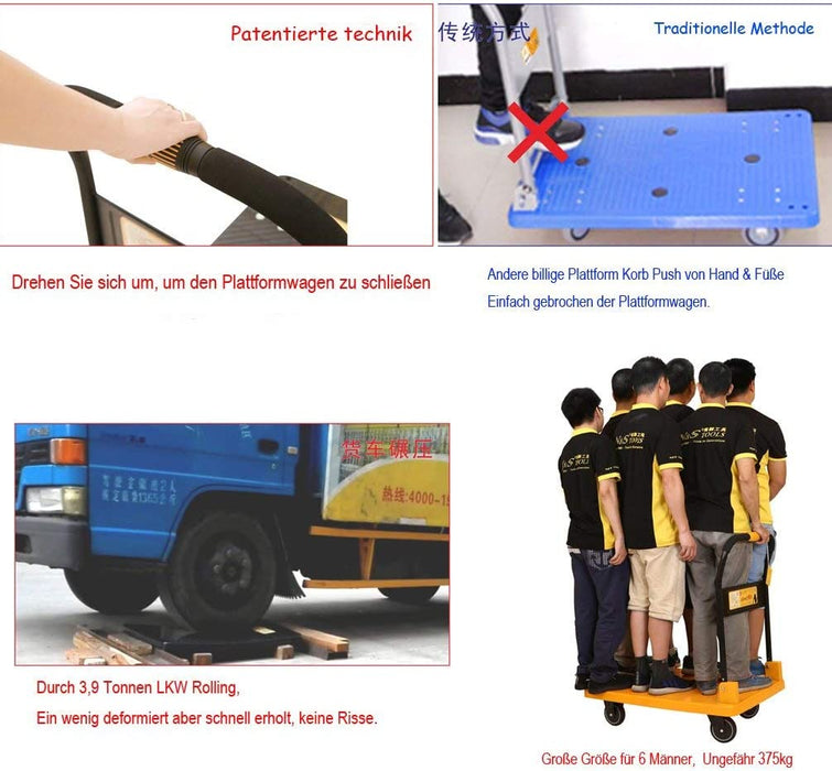 Plattformwagen Transportwagen Schwerlast 350KG Einhändig Falten LKW Cart mit Mute Wheels Plattform-Trolley