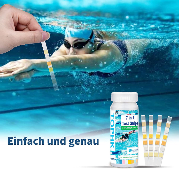 Pool Teststreifen, PH Teststreifen, Schwimmbad Teststreifen, 7 in 1 Spa Teststreifen für Gesamt Wasserhärte, Gesamtchlor, Freies Chlor, pH