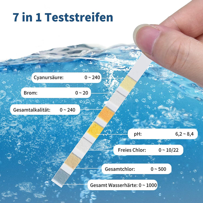 Pool Teststreifen, PH Teststreifen, Schwimmbad Teststreifen, 7 in 1 Spa Teststreifen für Gesamt Wasserhärte, Gesamtchlor, Freies Chlor, pH