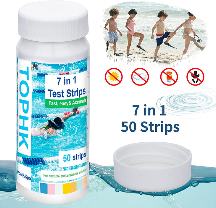 Pool Teststreifen, PH Teststreifen, Schwimmbad Teststreifen, 7 in 1 Spa Teststreifen für Gesamt Wasserhärte, Gesamtchlor, Freies Chlor, pH