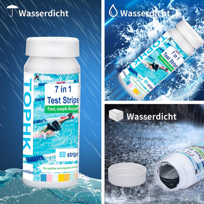 Pool Teststreifen, PH Teststreifen, Schwimmbad Teststreifen, 7 in 1 Spa Teststreifen für Gesamt Wasserhärte, Gesamtchlor, Freies Chlor, pH