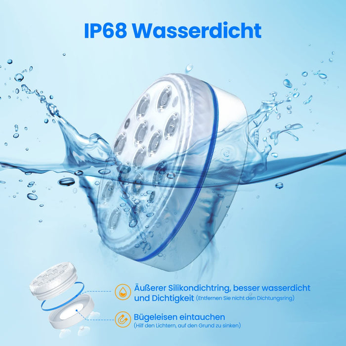 Poolbeleuchtung Unterwasser, Pool Beleuchtungen 13 LED Unterwasser Licht, Pool Licht mit 4 Magnet, 4 Saugnäpfen und RF Fernbedienung für Pool, Teich
