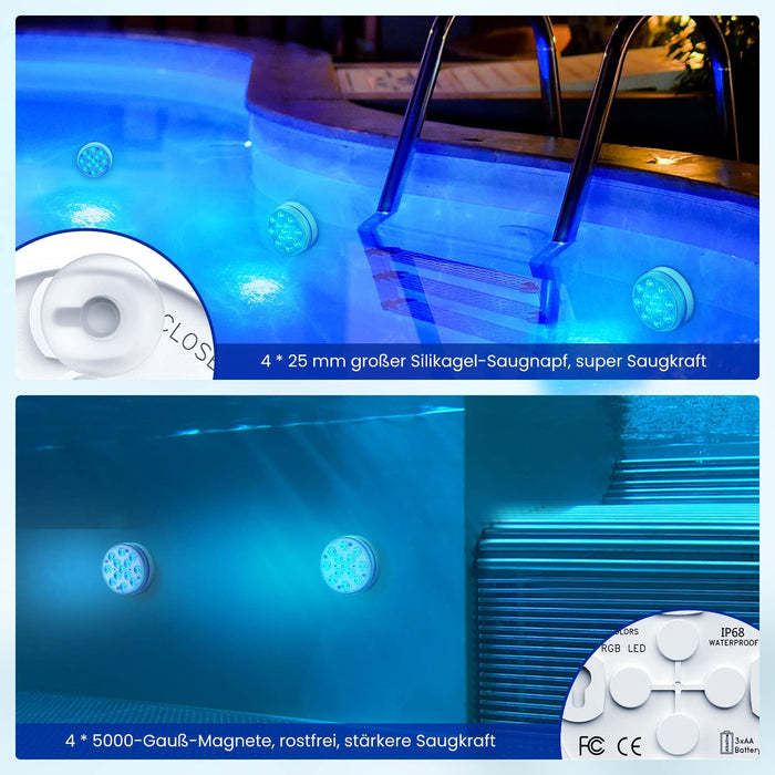 Poolbeleuchtung Unterwasser, Pool Beleuchtungen 13 LED Unterwasser Licht, Pool Licht mit 4 Magnet, 4 Saugnäpfen und RF Fernbedienung für Pool, Teich