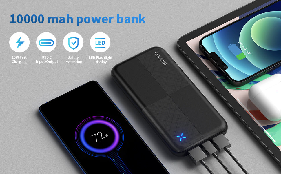 Power Bank 10000mAh, 15W USB C Input und Outout Schnelllade PowerBank ,3 USB 3A Tragbares Ladegerät für iPhone Xiaomi Huawei Samsung LG iPad und mehr