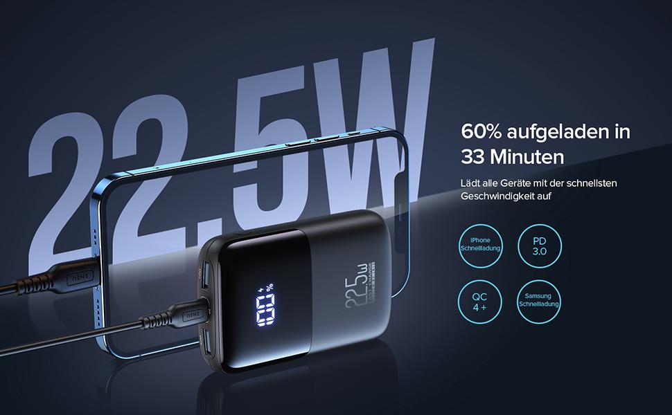Power Bank, 22.5W Fast Charging 10000mAh PowerBank Klein aber Stark, PD3.0 QC4.0 (USB C Input&Output) externe handyakkus kompatibel 
