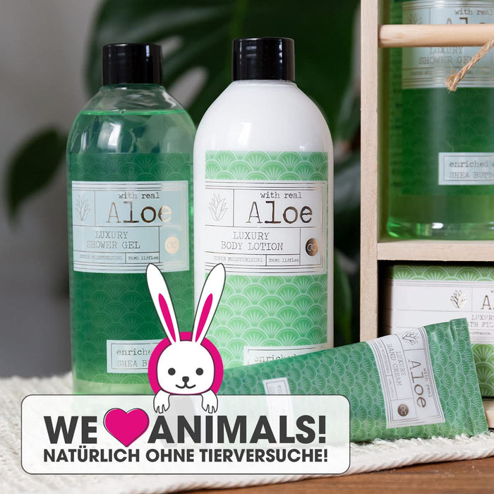 Premium Collection Aloe Vera Geschenkset für Frauen im Holzregal mit Duschgel Bodylotion Handcreme Badebomben und Sisaltuch