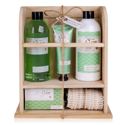 Premium Collection Aloe Vera Geschenkset für Frauen im Holzregal mit Duschgel Bodylotion Handcreme Badebomben und Sisaltuch
