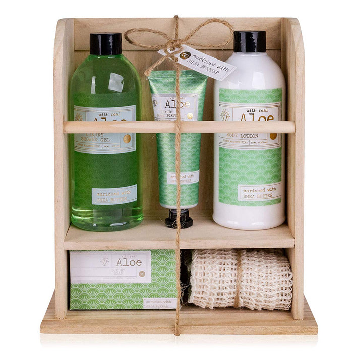 Premium Collection Aloe Vera Geschenkset für Frauen im Holzregal mit Duschgel Bodylotion Handcreme Badebomben und Sisaltuch