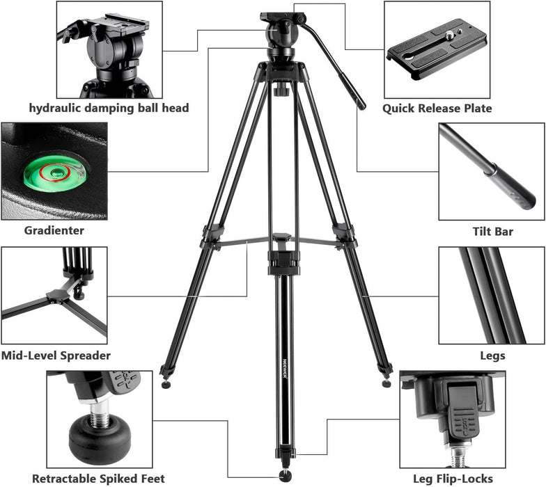 Professionell Aluminiumlegierung Video Kamera Stativ mit 360 Grad Fluid Drag Kopf, Belastbarkeit bis zu 6 Kilogramm, 155 cm
