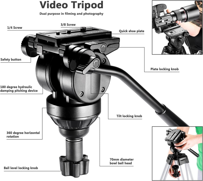 Professionell Aluminiumlegierung Video Kamera Stativ mit 360 Grad Fluid Drag Kopf, Belastbarkeit bis zu 6 Kilogramm, 155 cm