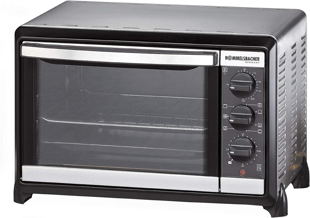 ROMMELSBACHER Kleinbackofen - 18 Liter Backraum, 7 Heizarten inkl. Umluft, Temperaturen von 80 - 230 °C, Doppelverglasung, Innenbeleuchtung, Zeitschaltuhr, 1050 W, Edelstahl