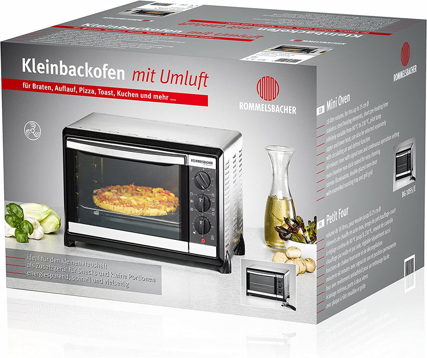 ROMMELSBACHER Kleinbackofen - 18 Liter Backraum, 7 Heizarten inkl. Umluft, Temperaturen von 80 - 230 °C, Doppelverglasung, Innenbeleuchtung, Zeitschaltuhr, 1050 W, Edelstahl