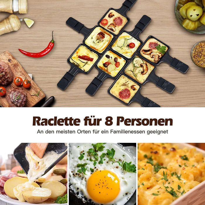 Raclette Grill 8 Personen mit Steinplatte und Grillplatte Antihaftbeschichtung, Raclette 8 Personen mit Mini-Käsepfanne für Indoor Grillgut