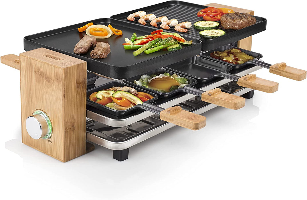 Raclette Grill in Bambusausführung - für bis zu 8 Personen, 1200 Watt, regelbare Thermostat, Aluminiumguss-Platte, 8 Pfännchen und Spatel