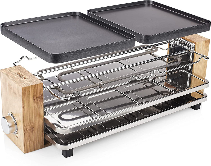 Raclette Grill in Bambusausführung - für bis zu 8 Personen, 1200 Watt, regelbare Thermostat, Aluminiumguss-Platte, 8 Pfännchen und Spatel