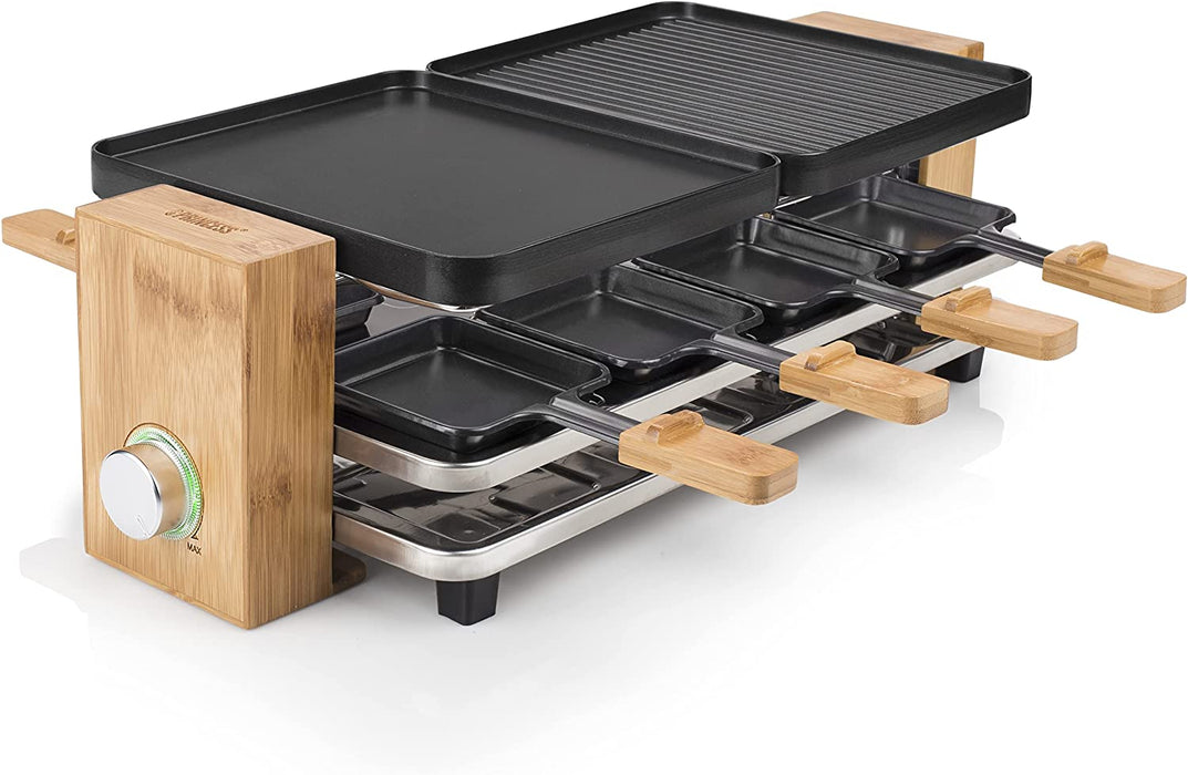Raclette Grill in Bambusausführung - für bis zu 8 Personen, 1200 Watt, regelbare Thermostat, Aluminiumguss-Platte, 8 Pfännchen und Spatel