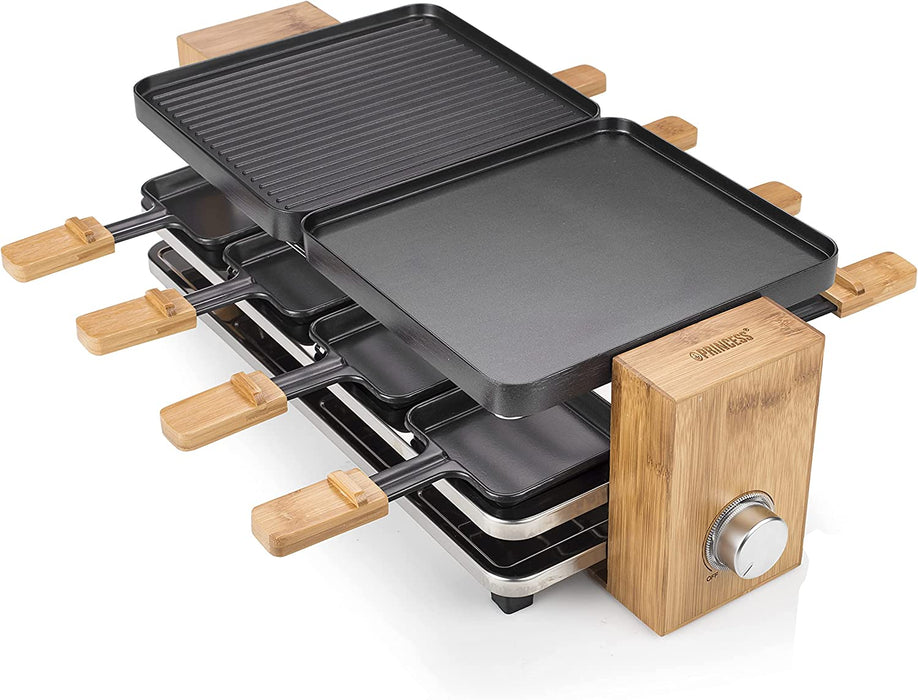 Raclette Grill in Bambusausführung - für bis zu 8 Personen, 1200 Watt, regelbare Thermostat, Aluminiumguss-Platte, 8 Pfännchen und Spatel