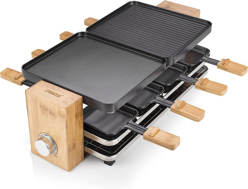 Raclette Grill in Bambusausführung - für bis zu 8 Personen, 1200 Watt, regelbare Thermostat, Aluminiumguss-Platte, 8 Pfännchen und Spatel