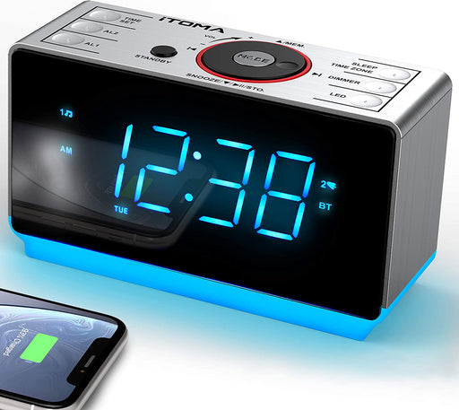 Radiowecker mit Bluetooth Lautsprecher, Digital-FM-Radio mit Schlummer Funktion, Dimmer Steuerung, Handy-USB-Ladefunktion, Nachtlicht