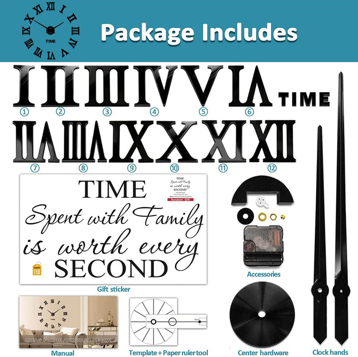 Rahmenlose 3D DIY Wanduhr XXL Stumm Spiegel Aufkleber Home Office Schule Dekoration (Schwarz-87)