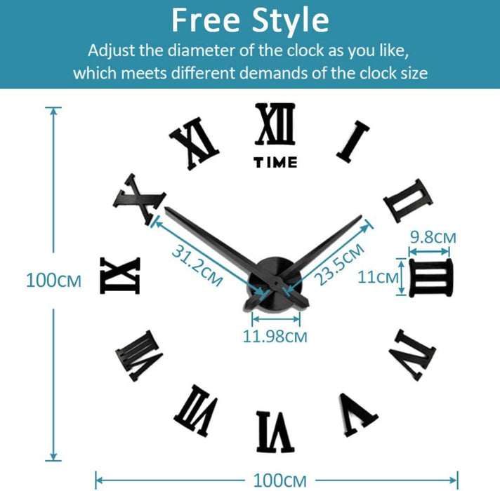 Rahmenlose 3D DIY Wanduhr XXL Stumm Spiegel Aufkleber Home Office Schule Dekoration (Schwarz-87)