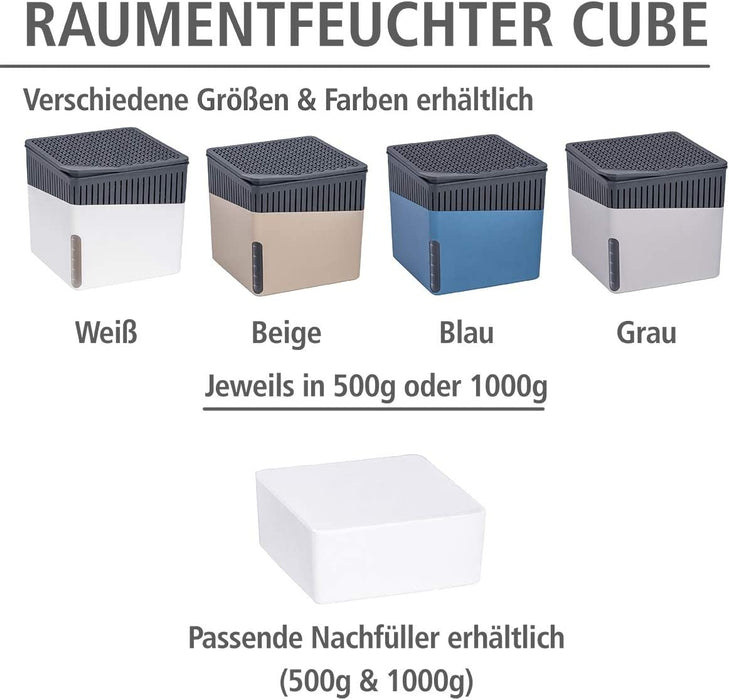 Raumentfeuchter Cube, Luftentfeuchter reduziert Schimmel & Gerüche, Auffangschale mit 1 kg Granulatblock nachfüllbar, fasst bis zu 1,6 l Feuchtigkeit