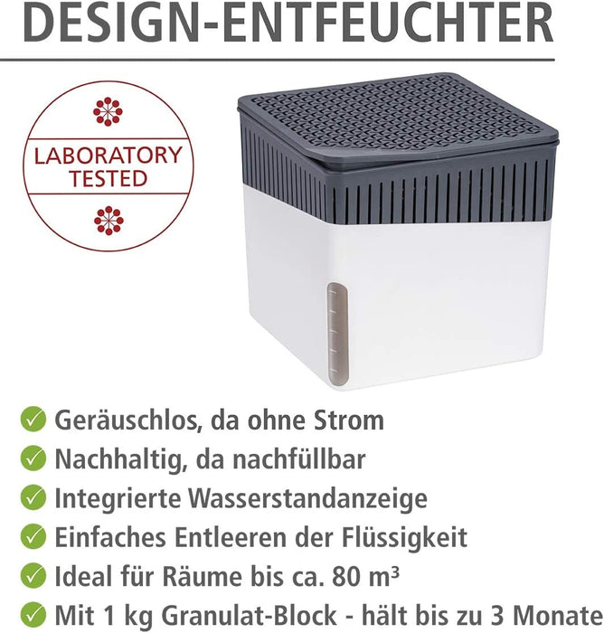 Raumentfeuchter Cube, Luftentfeuchter reduziert Schimmel & Gerüche, Auffangschale mit 1 kg Granulatblock nachfüllbar, fasst bis zu 1,6 l Feuchtigkeit