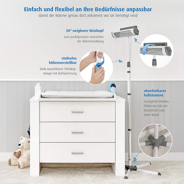 Reer Wickeltischstrahler EasyHeat Flex, Heizstrahler mit Standfuß, Wärmelampe fürs Baby, kompaktes Design, 1 Stück, weiß