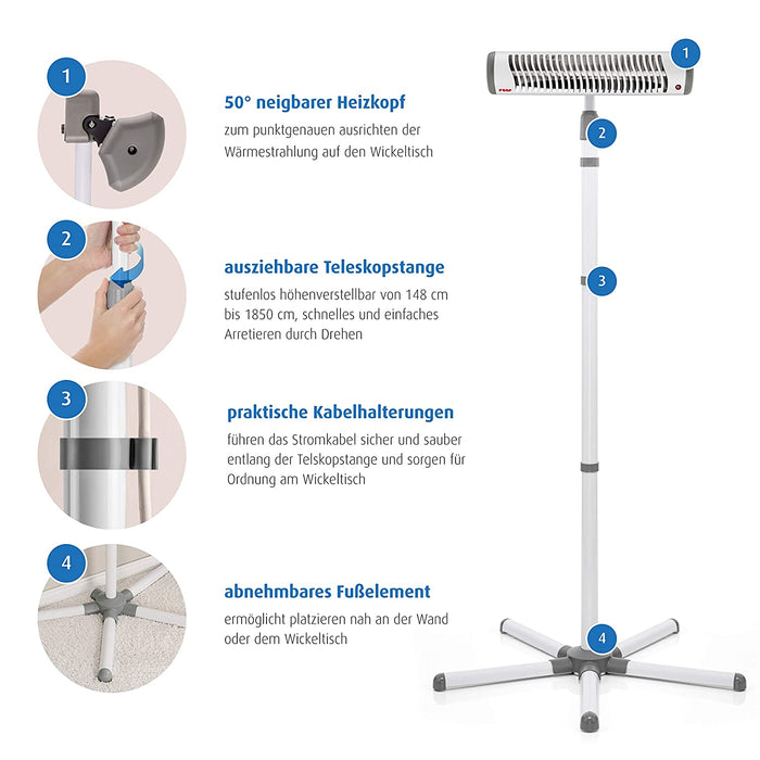 Reer Wickeltischstrahler EasyHeat Flex, Heizstrahler mit Standfuß, Wärmelampe fürs Baby, kompaktes Design, 1 Stück, weiß