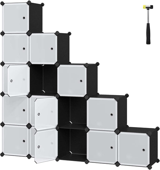  Regalsystem, 16 Würfel, Kleiderschrank aus Kunststoff, mit Türen, Schuhregal, Aufbewahrung von Kleidung, Schuhen, Spielzeug und Büchern, Steckregal