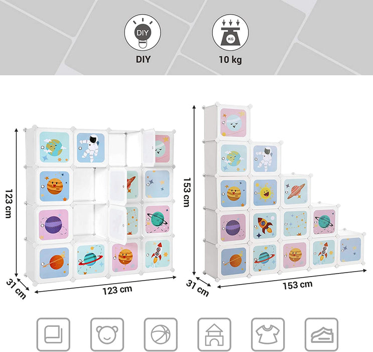 Regalsystem mit 15 Würfeln, Aufbewahrungsschrank für Kinder, Kleiderschrank mit Türen, Schuhregal aus Kunststoff, Steckregal, Mehrzweck, Schuhe