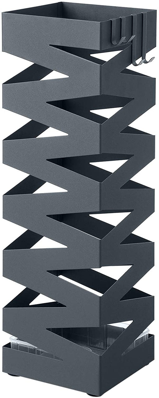 Regenschirmständer aus Metall, Schirmständer, quadratisch, 4 Haken und eine herausnehmbare Wasserauffangschale, 15,5 x 15,5 x 49 cm, anthrazit