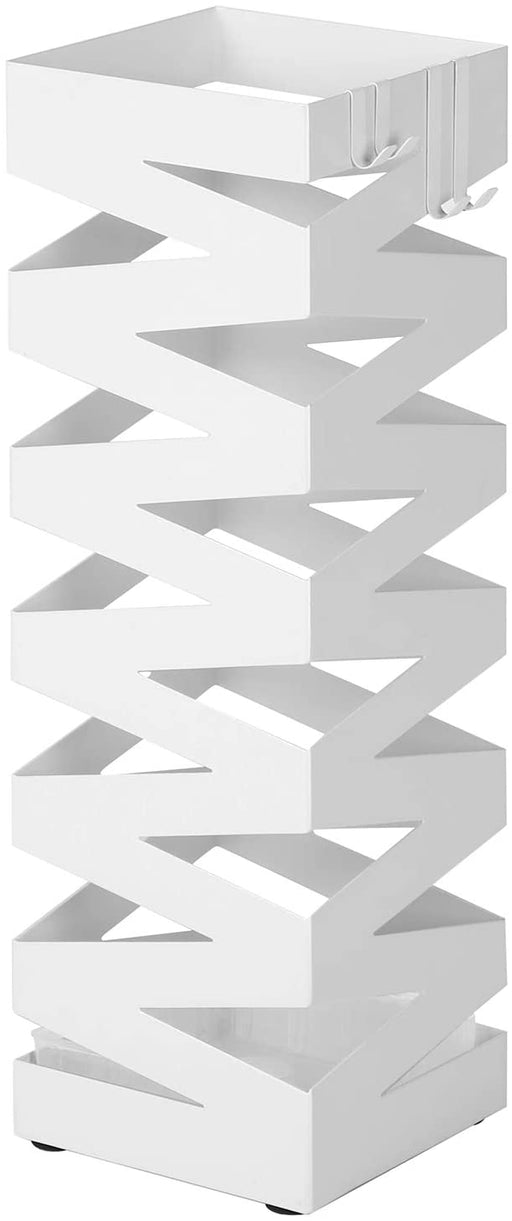 Regenschirmständer aus Metall, quadratischer Schirmständer, Wasserauffangschale herausnehmbar, mit Haken, 15,5 x 15,5 x 49 cm, weiß