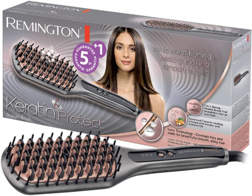 Remington Glätteisen & Haarbürste für eine reduzierte Stylingzeit (Keratin-Keramikbeschichtung mit Mandelöl angereichert, Digitales Display) 