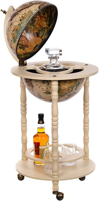 Riesiger Barwagen 33001 W, mit massiven Eukalyptusholz Säulen, in Antikweiß geöffnet 100 cm hoch und 44 cm breit, mit Rollen, antike Weltkugel 