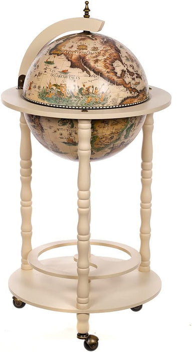 Riesiger Barwagen 33001 W, mit massiven Eukalyptusholz Säulen, in Antikweiß geöffnet 100 cm hoch und 44 cm breit, mit Rollen, antike Weltkugel 