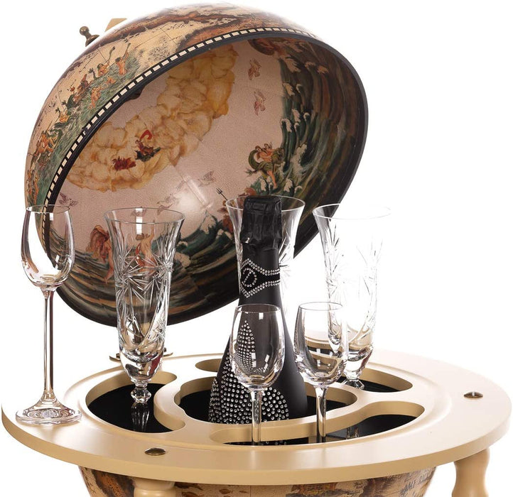 Riesiger Barwagen 33001 W, mit massiven Eukalyptusholz Säulen, in Antikweiß geöffnet 100 cm hoch und 44 cm breit, mit Rollen, antike Weltkugel 