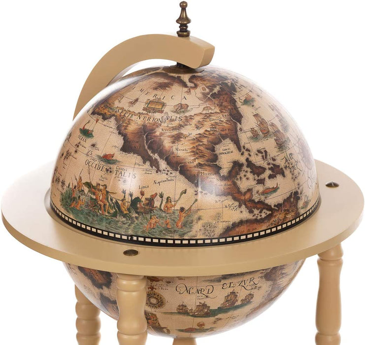 Riesiger Barwagen 33001 W, mit massiven Eukalyptusholz Säulen, in Antikweiß geöffnet 100 cm hoch und 44 cm breit, mit Rollen, antike Weltkugel 