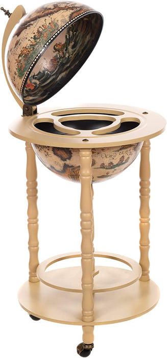 Riesiger Barwagen 33001 W, mit massiven Eukalyptusholz Säulen, in Antikweiß geöffnet 100 cm hoch und 44 cm breit, mit Rollen, antike Weltkugel 