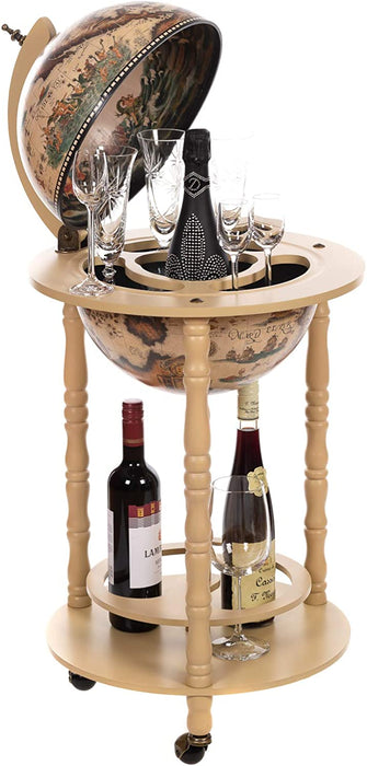 Riesiger Barwagen 33001 W, mit massiven Eukalyptusholz Säulen, in Antikweiß geöffnet 100 cm hoch und 44 cm breit, mit Rollen, antike Weltkugel 