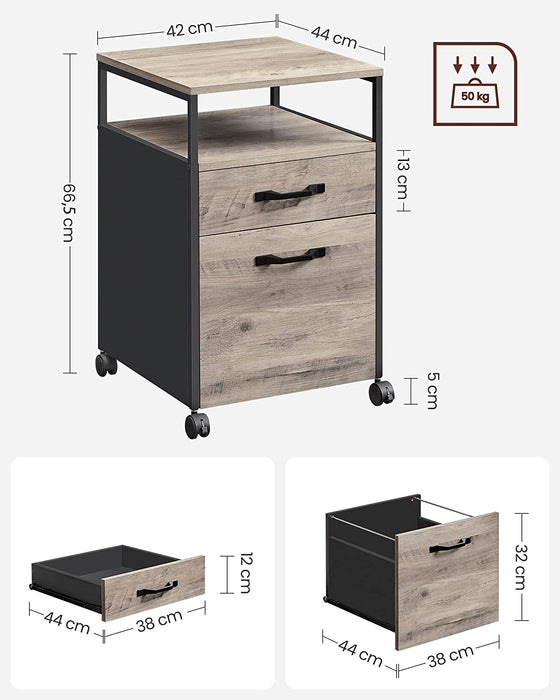 Rollcontainer, Aktenschrank mit 2 Schubladen, mobiler Büroschrank mit Rädern, offenes Fach, Hängeregistratur, Stahlgestell, Industrie-Design